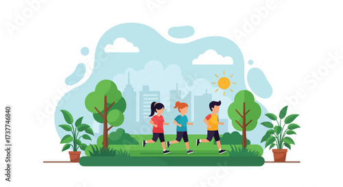 Adobe illustrator artwork vector illustration: Three happy children jogging outdoors in a sunny park, promoting healthy activities, friendship, and an active lifestyle for kids
