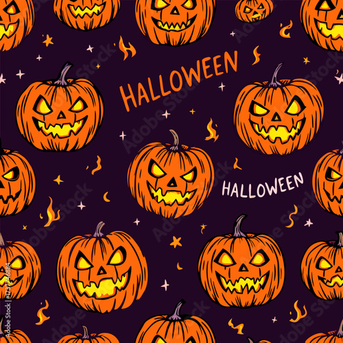 Vibrant Halloween Jack-o'-Lantern pattern, hand-drawn spooky vector design t-shirt streetwear clothing, vector typography, perfect for modern apparel