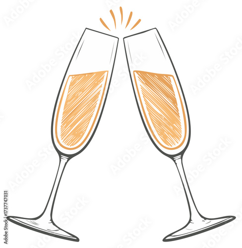 Celebratory toast with two champagne flutes clinking together in a simple sketch illustration