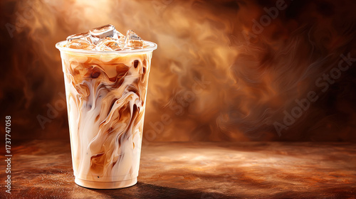 Iced coffee with milk swirling inside