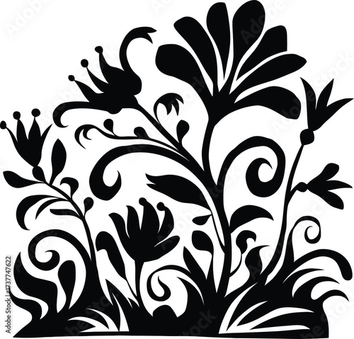 Floral ornamental swirl vector, decorative black flower silhouette, vintage botanical design illustration