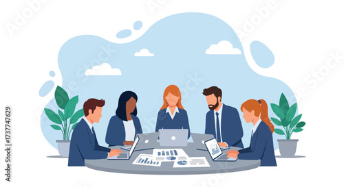 Adobe illustrator artwork vector illustration: Business team analyzing data and charts in a modern office, perfect for corporate presentations and financial reports.