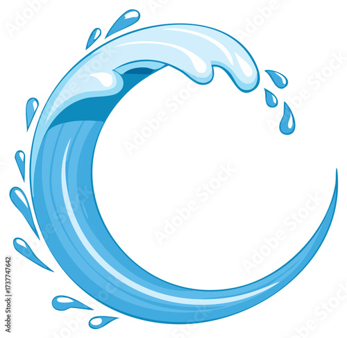 Stylized Blue Water Wave Splash with Drops Flowing