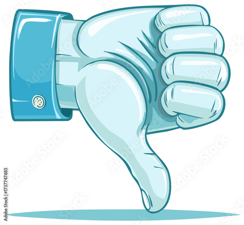 Cartoon hand with thumbs down symbol shows dislike disagree disapproval gesture in isolated illustration