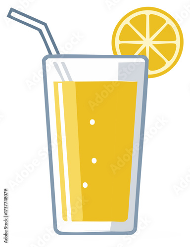 Refreshing tall glass of orange juice with a lemon slice and straw