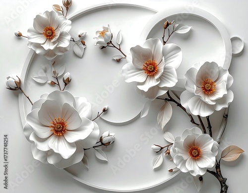 Elegant White Floral Design with Ornate Curves.