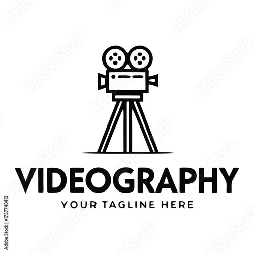 Vintage film camera icon with videography text for media production and filmmaking 