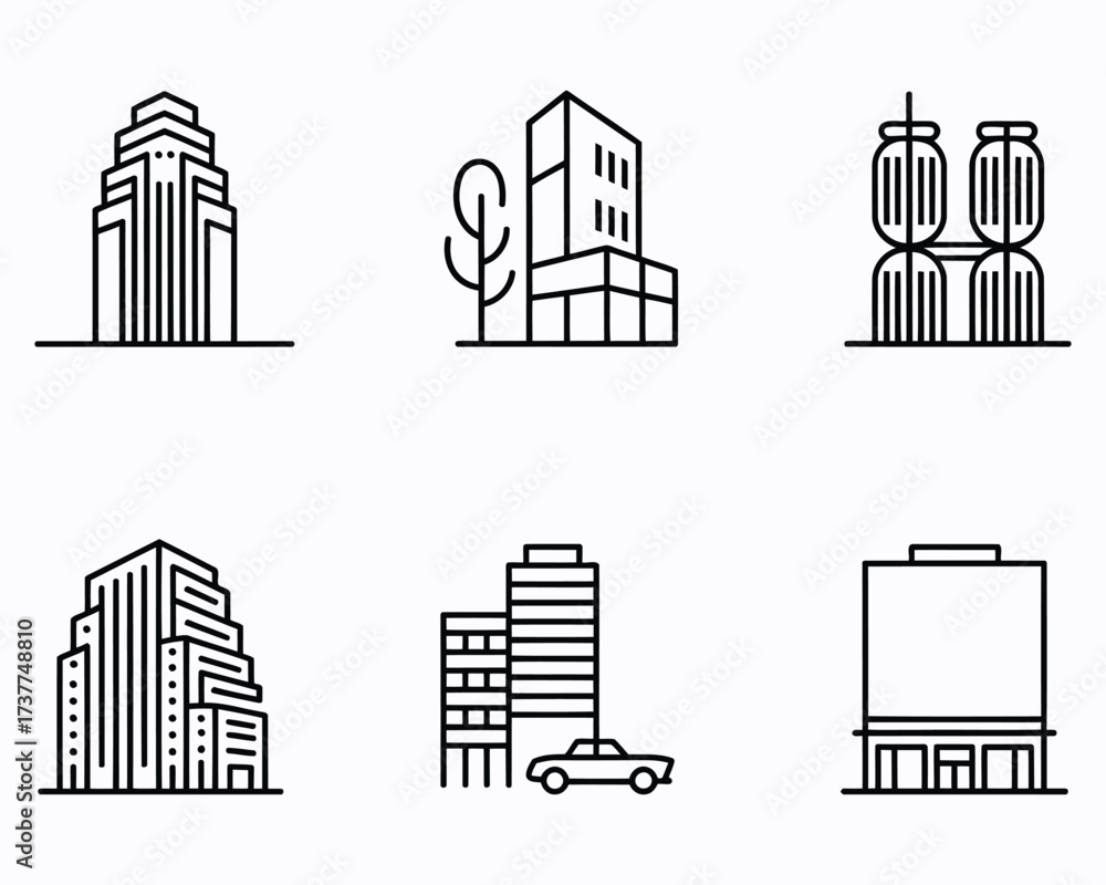 Obraz premium Collection of Modern Urban Architecture Representations Minimalist Black and White Line Art Depicting Skyscrapers Buildings Trees and Car for Architectural Design