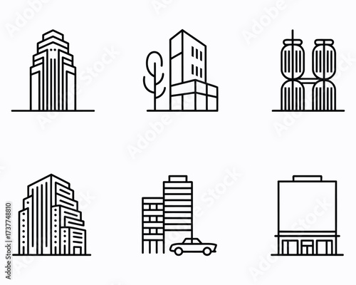 Collection of Modern Urban Architecture Representations Minimalist Black and White Line Art Depicting Skyscrapers Buildings Trees and Car for Architectural Design