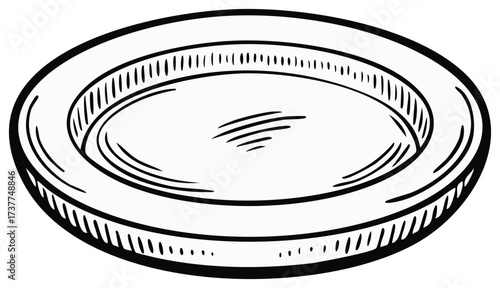 Hand drawn plate illustration, decorative dish sketch. Simple black and white drawing.