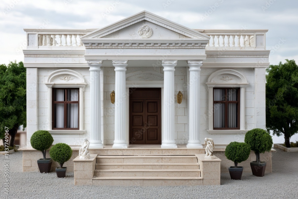 Obraz premium Elegant neoclassical mansion facade with columns and trimmed shrubs