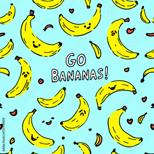 Cute cartoon bananas seamless pattern, 'Go Bananas!' text, design t-shirt streetwear clothing, vector typography, perfect for modern apparel