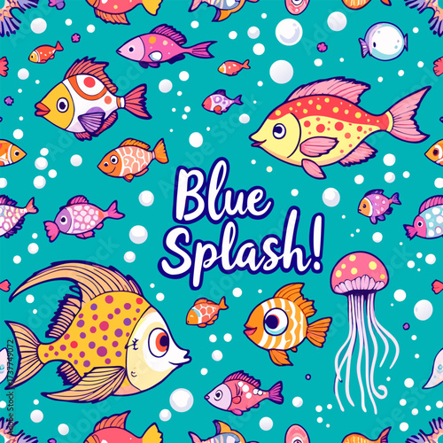 Vibrant cartoon fish underwater seamless pattern, bubbles, jellyfish design t-shirt streetwear clothing, vector typography, perfect for modern apparel