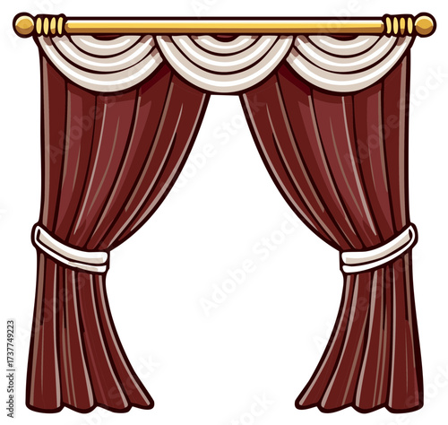 Illustration of elegant red curtains with decorative valance
