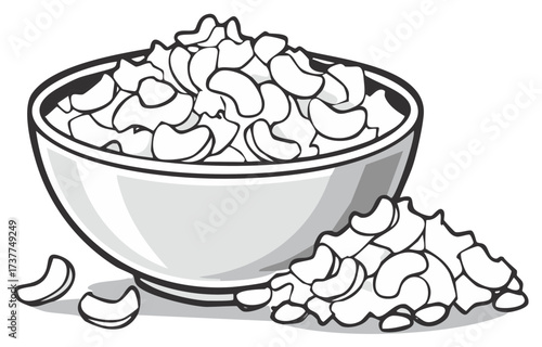 Illustration of a white ceramic bowl filled with cashew nuts and a pile of cashews