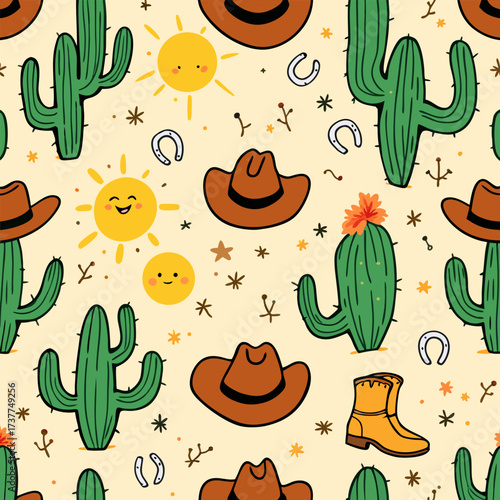Cute Western Desert Cartoon Pattern Cactus Sun Hat, design t-shirt streetwear clothing, vector typography, perfect for modern apparel
