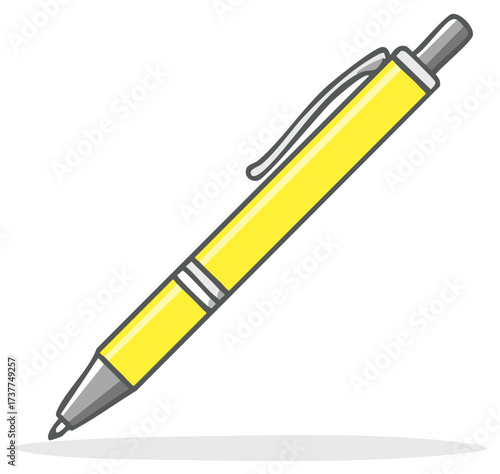 Cartoon illustration of a yellow pen with a silver clip and tip, isolated