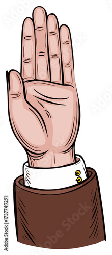Cartoon hand raised in a business suit making a pledge or stop gesture