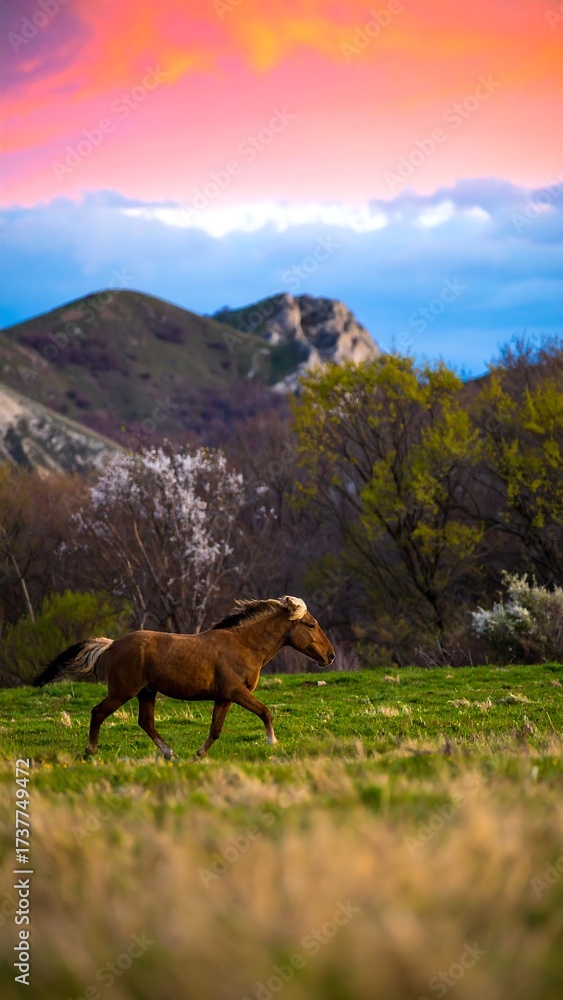 Obraz premium Brown horse gallops across sunlit meadow by hills!