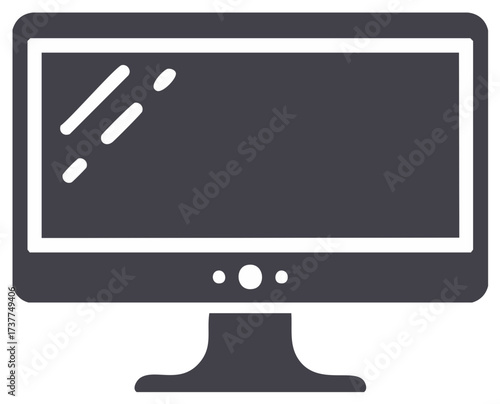 Flat design icon of a dark grey computer monitor screen with subtle reflections and stand.