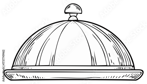 Silver serving dish on plate with cloche dome cover, dining utensil, black and white drawing