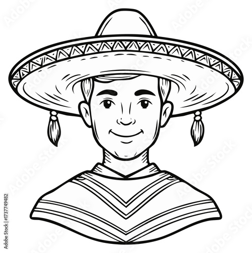 Illustration of a smiling person wearing a traditional sombrero hat and poncho in outline drawing