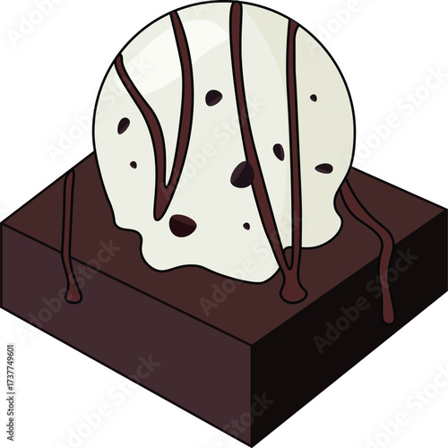 Vector illustration of a vanilla chocolate chip ice cream scoop placed on top of a rich chocolate brownie, decorated with drizzled chocolate syrup.