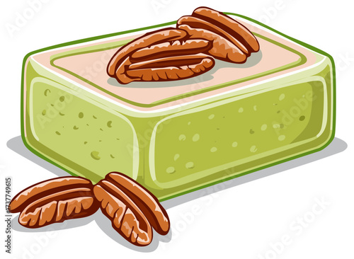 Illustration of a green dessert with pecan nuts on top, and additional pecans