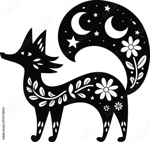 Mystical Fox Vector Illustration, Decorative Night Sky Animal Design