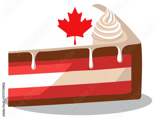 Delicious layered cake slice adorned with a vibrant red maple leaf and creamy frosting