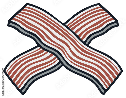Crossed strips of tasty bacon symbol, illustration for a food concept