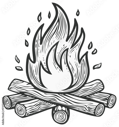 Burning campfire graphic illustration on a pile of firewood logs in a hand drawn sketch etching vector style