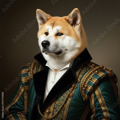 Akita Inu Dog in Renaissance Portrait Attire - A Regal Canine.