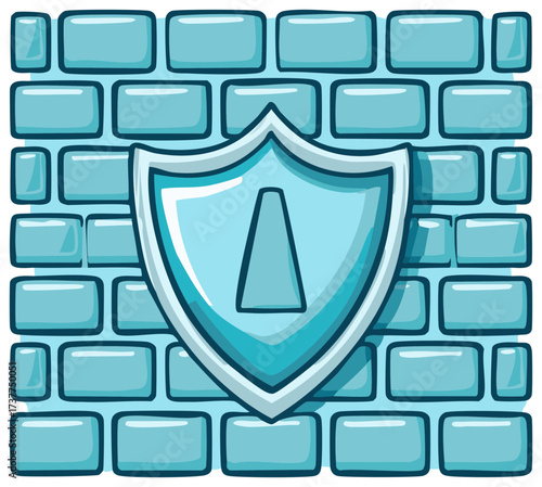 Turquoise Shield Emblem Against Blue Brick Wall for Security and Protection