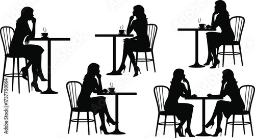 Elegant women silhouettes enjoying coffee alone or together at café tables — relaxed, stylish, feminine moments perfect for lifestyle, social, or wellness themes.