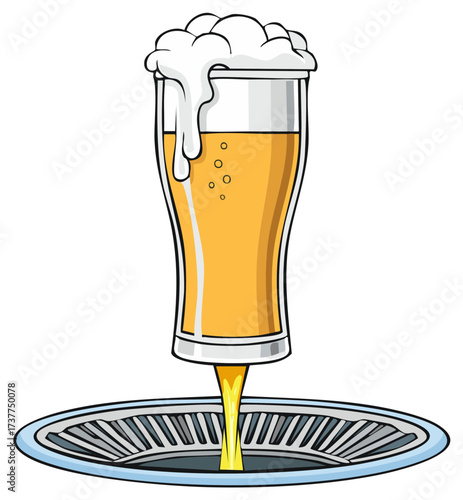 Cartoon Graphic of Beer Glass Liquid Pouring Down a Drain Grate