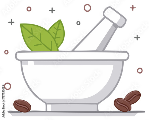 Vector illustration of a mortar and pestle with fresh green leaves and coffee beans for natural remedies