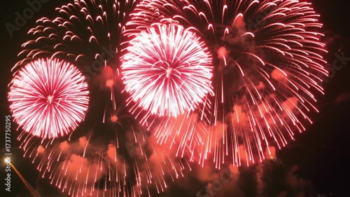 Bright fireworks exploding in night sky during festive celebration.