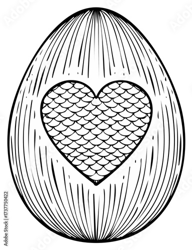 Hand drawn outline of Easter egg decorated with heart shape and scales, celebration, decoration and love themes