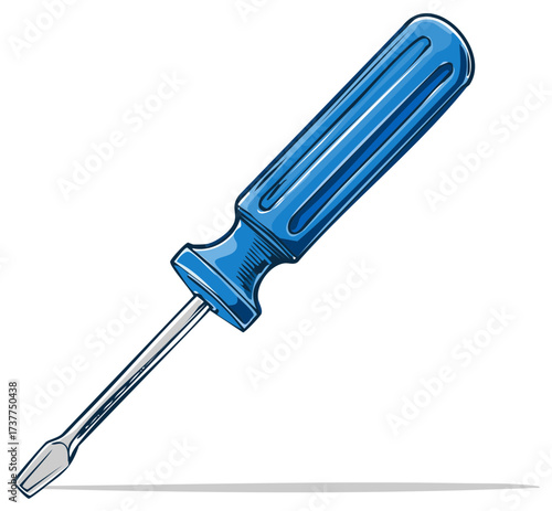 Hand Drawn Blue Slotted Screwdriver, Home Repair Tools, Isolated, Isolated Vector