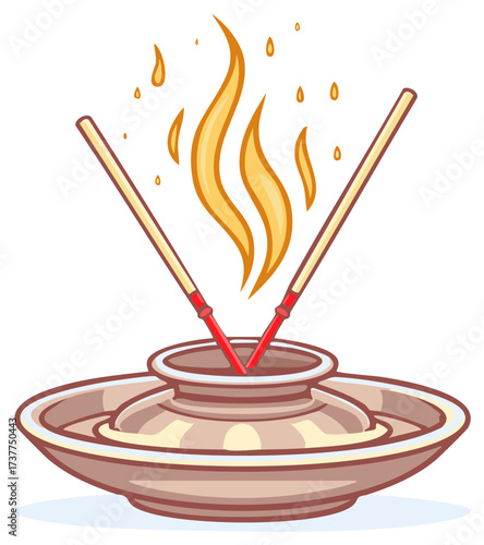 Burning incense sticks with fire and smoke in a traditional ceramic bowl.