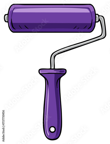 Paint roller with purple handle, tool for painting walls, renovation equipment, construction
