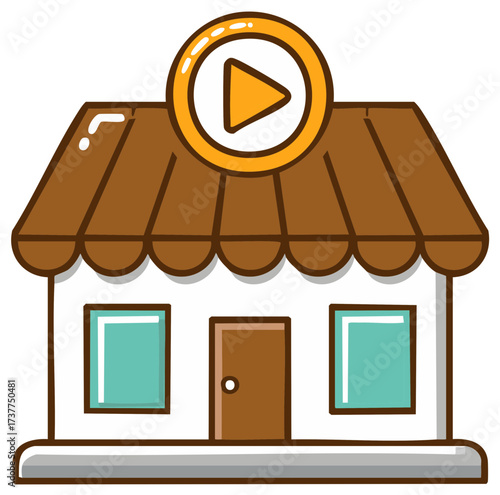Cartoon illustration of a shop with a play button on top.
