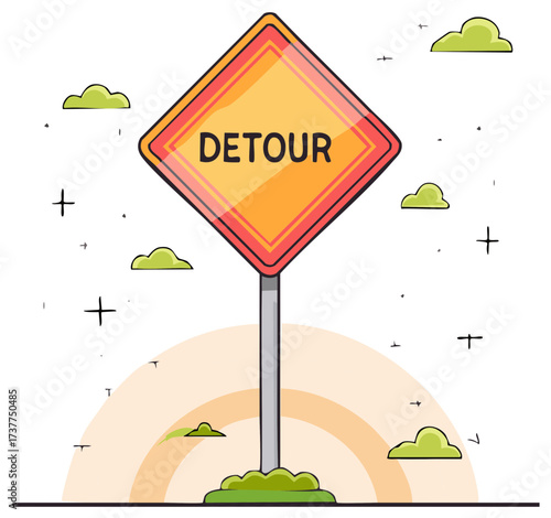 Road detour sign illustration with cartoon clouds and grass with sun arc in background