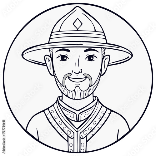 Line Art Portrait of a Bearded Man Wearing a Traditional Hat and Decorated Outfit