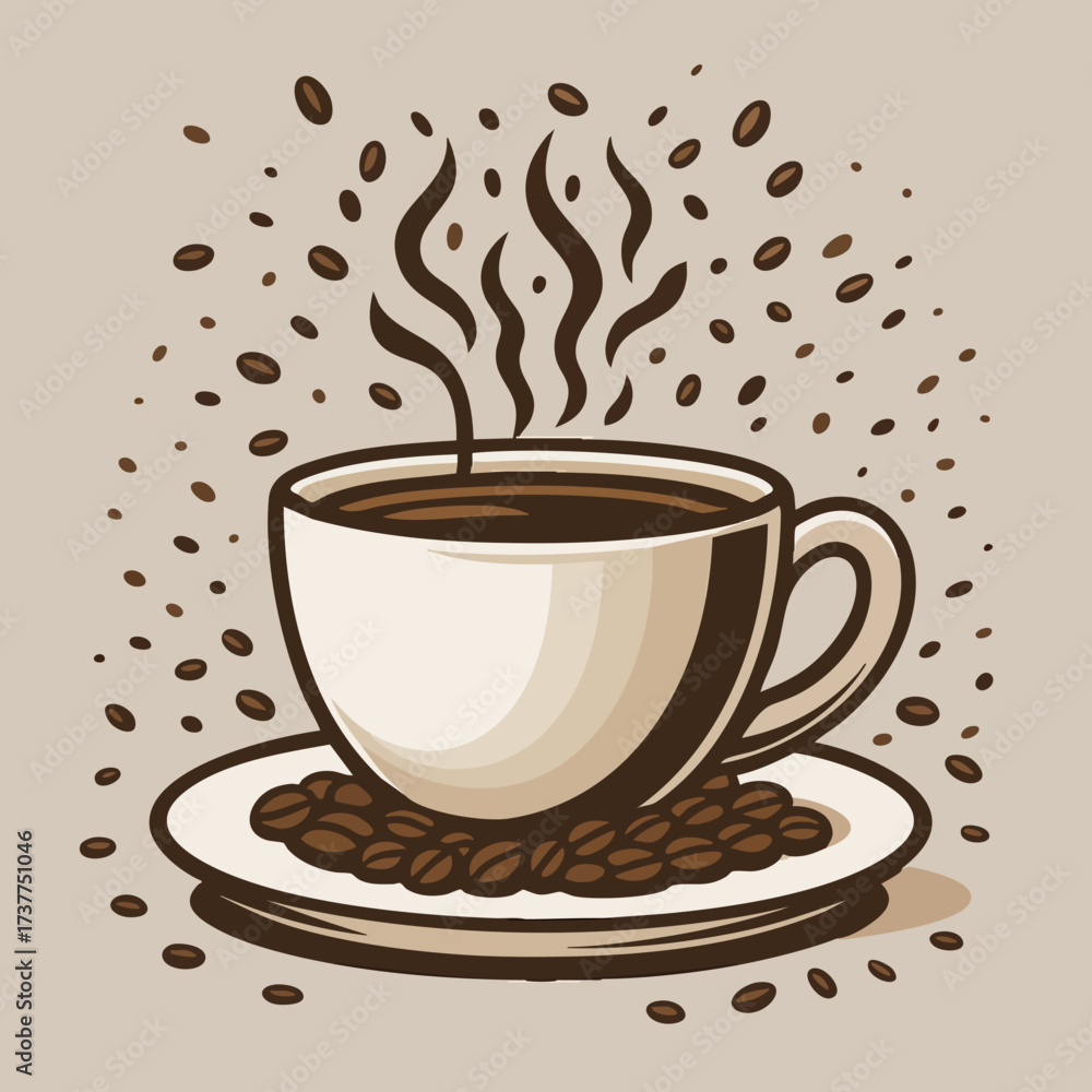 Obraz premium Hot Coffee Cup with Roasted Beans Vector Illustration