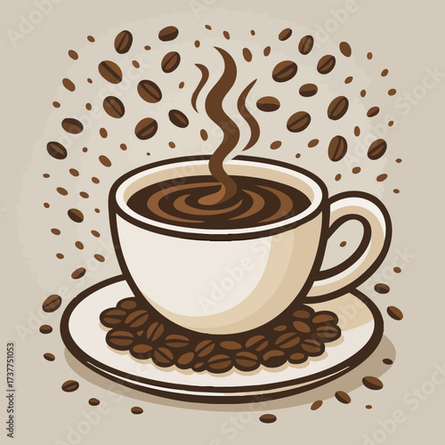 Cup of Hot Coffee with Coffee Beans Illustration