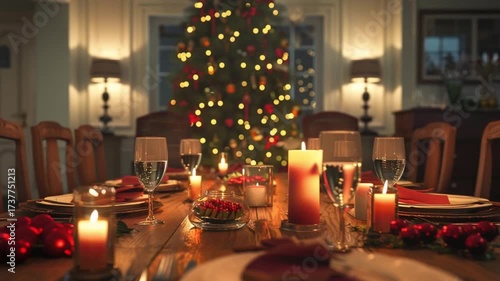 Christmas dinner table decorated with glowing candles and a festive tree in background.