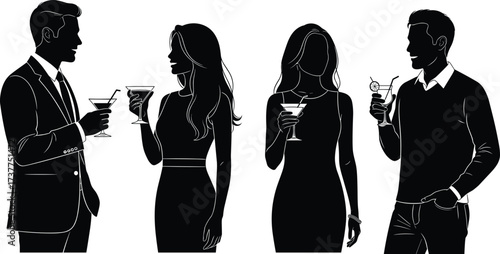 Elegant party silhouettes — couples and singles sipping cocktails, socializing at upscale events, nightlife, celebration, sophistication, romantic evening,