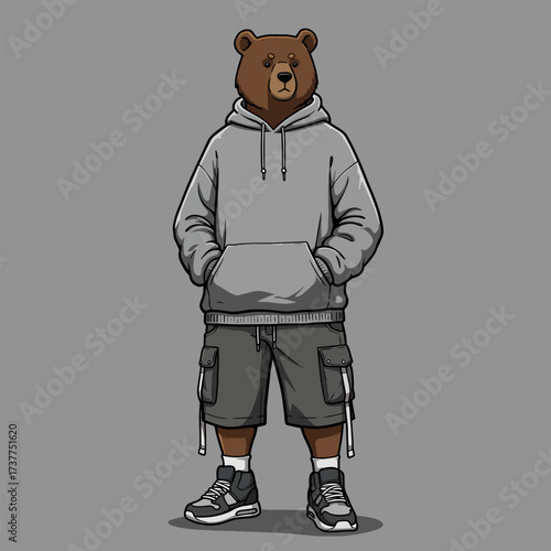 Confident Bear Mascot in Urban Hoodie Streetwear Fashion Illustration